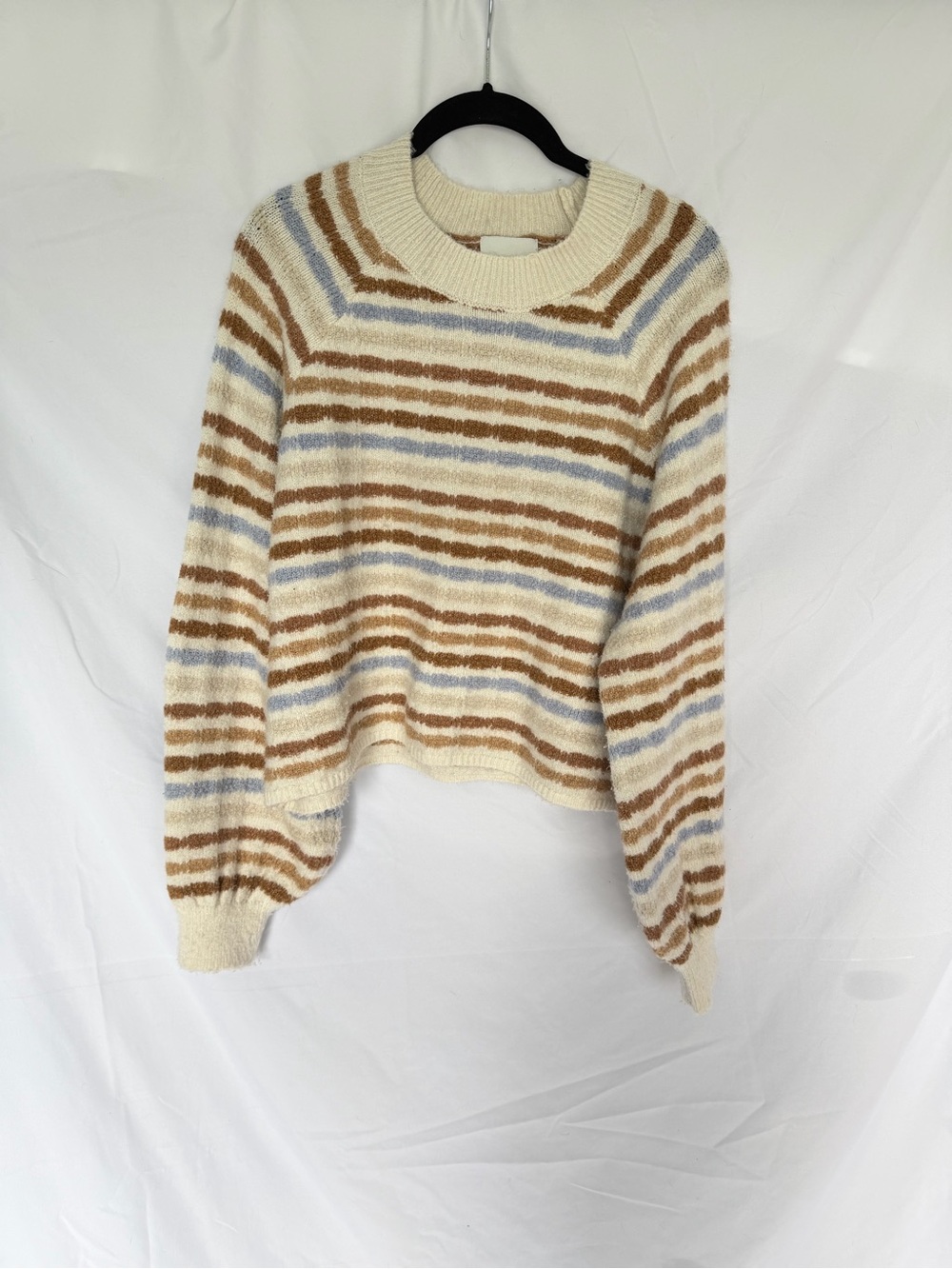 Pink Rose Cream Striped Crewneck Sweater with Brown and Light Blue Accents